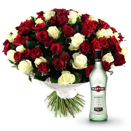 101 червоно-біла троянда + Martini Bianco 101 червоно-біла троянда + Martini Bianco