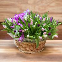  101 tulips mixed in basket Molodezhnoye