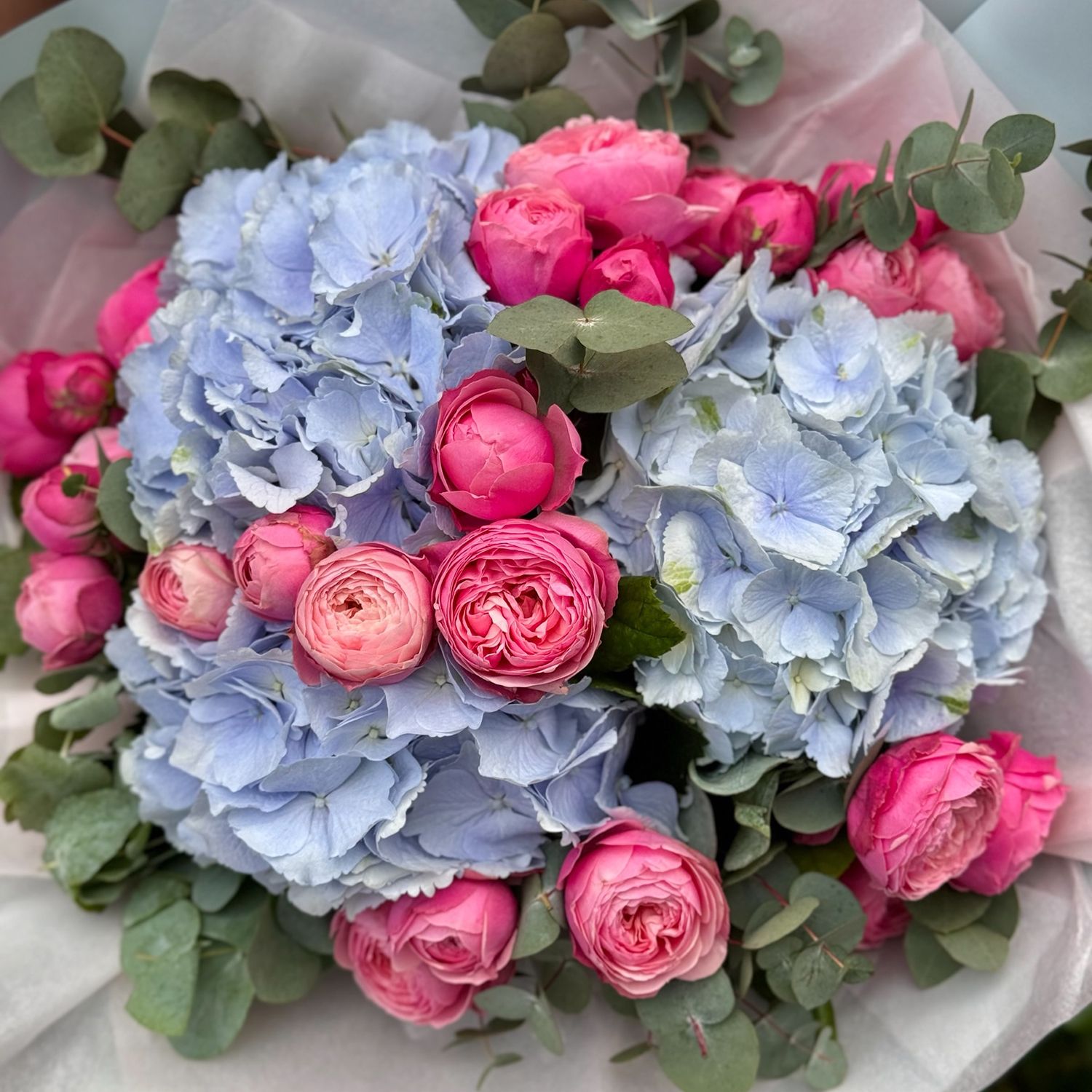 Голубая гортензия и розы Голубая гортензия и розы