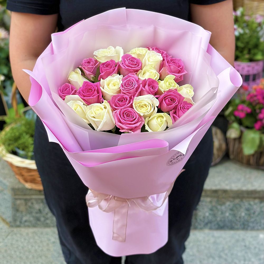 25 white and pink roses