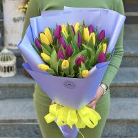25 жовтих і фіолетових тюльпанів Буча