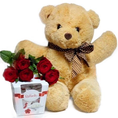 5 roses + teddy bear + Raffaello 5 roses + teddy bear + Raffaello