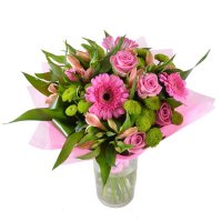Pink roses and gerberas Nizhnie Holohory