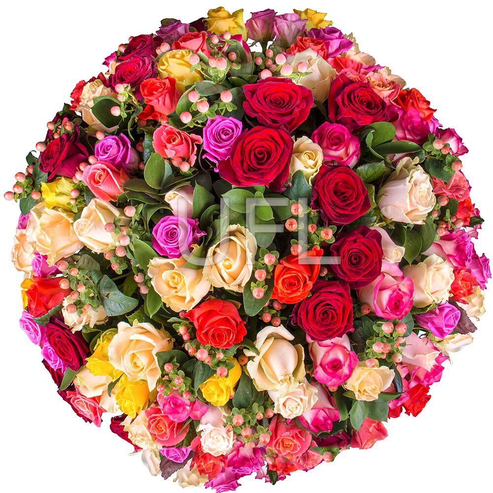 Великий букет різнокольорових троянд