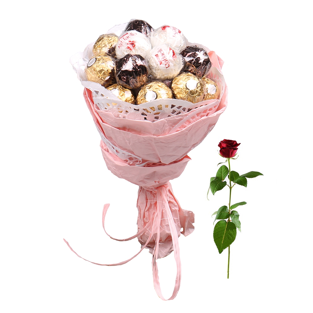 букет із шоколадних цукерок + троянда в подарунок  букет із шоколадних цукерок + троянда в подарунок 