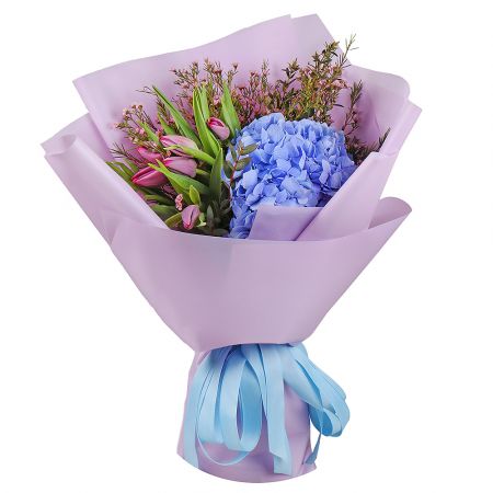Блакитна гортензія і тюльпани Хабокен