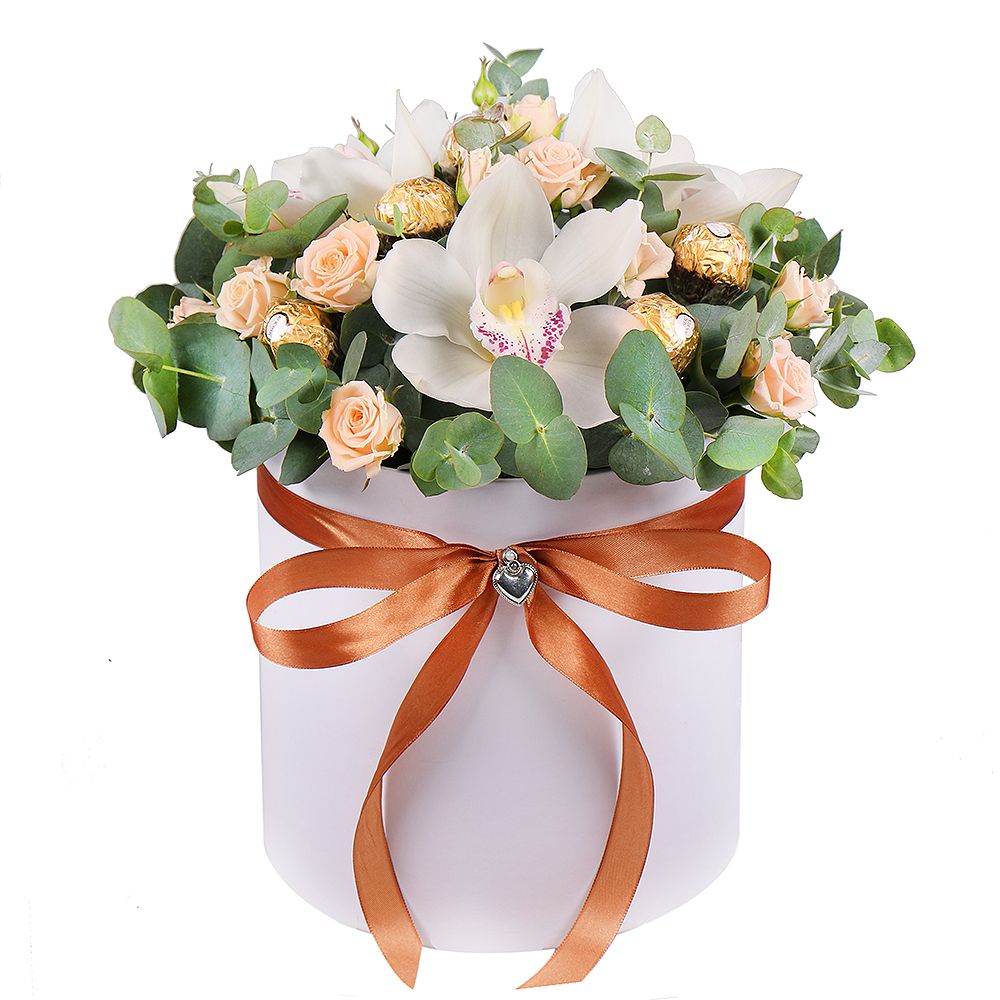 Коробка с розами и орхидеями Коробка с розами и орхидеями