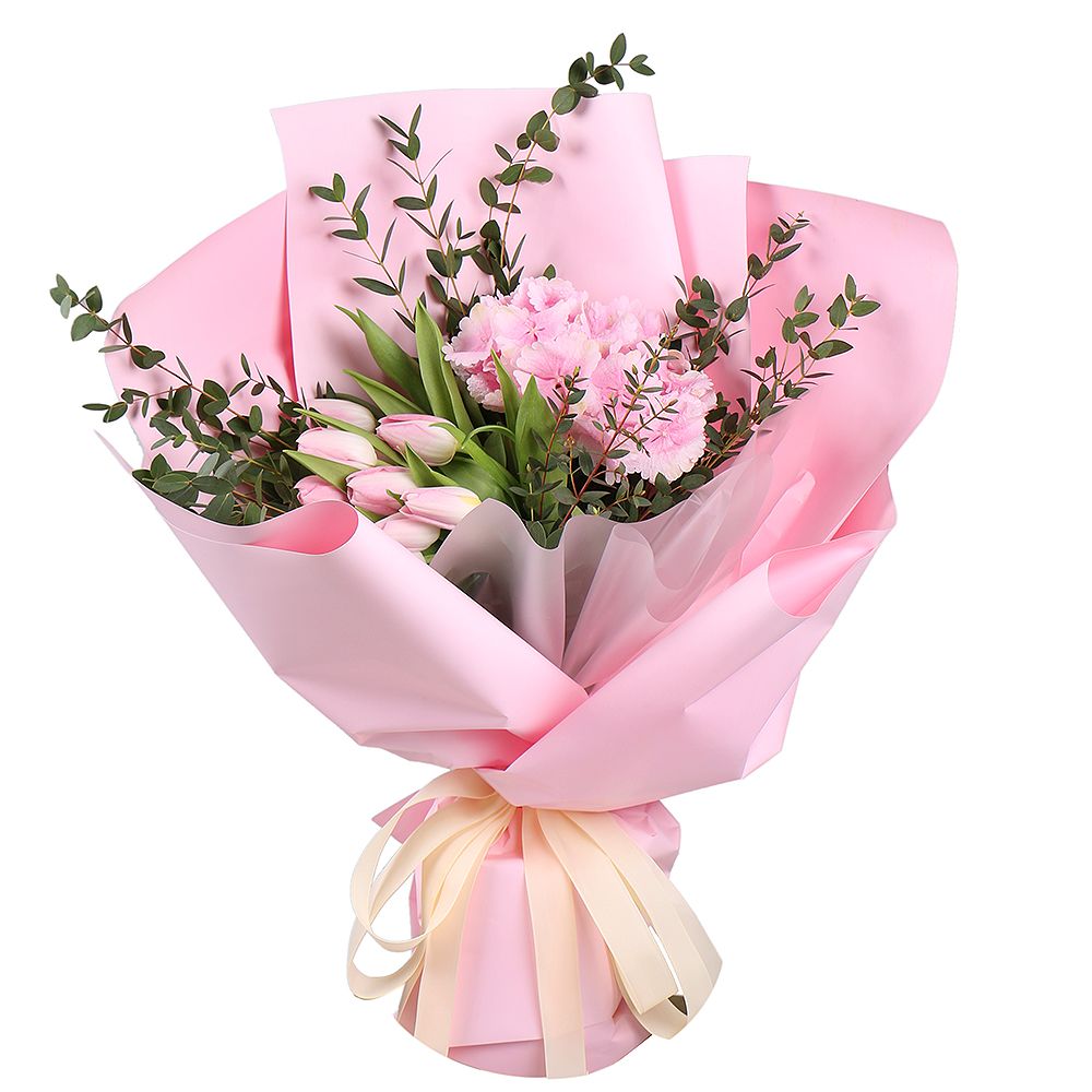 Розовая гортензия и тюльпаны Вирджиниа Уатер