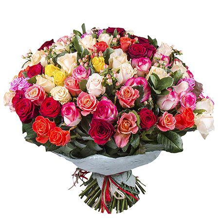 Великий букет різнокольорових троянд Київ