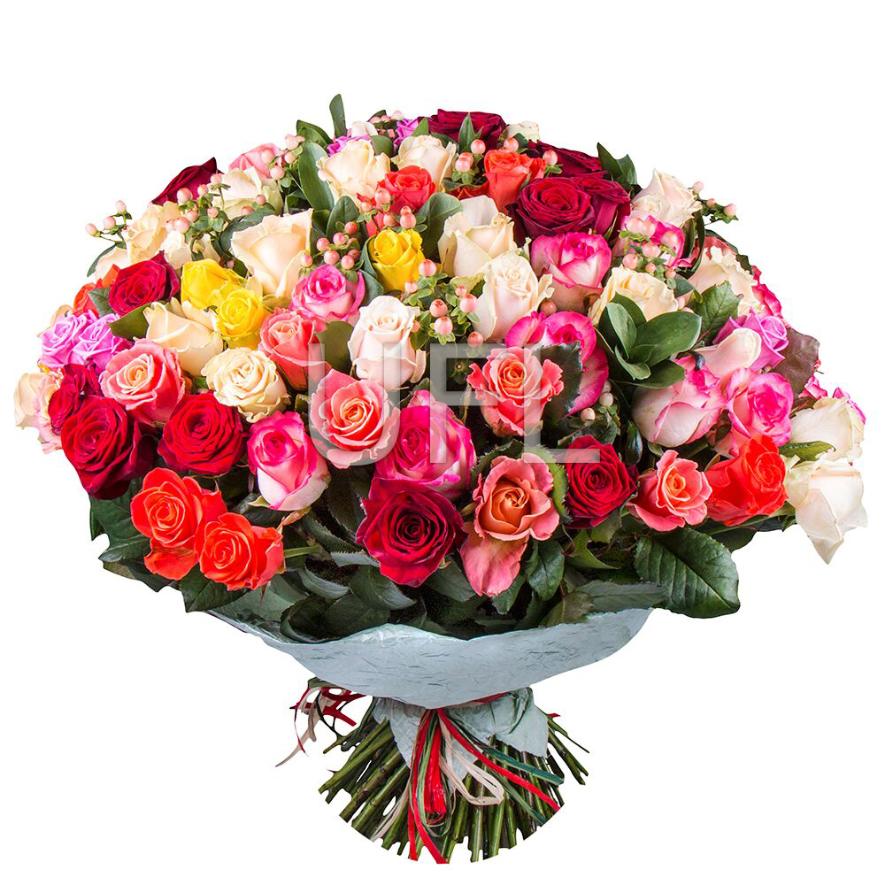 Большой букет разноцветных роз