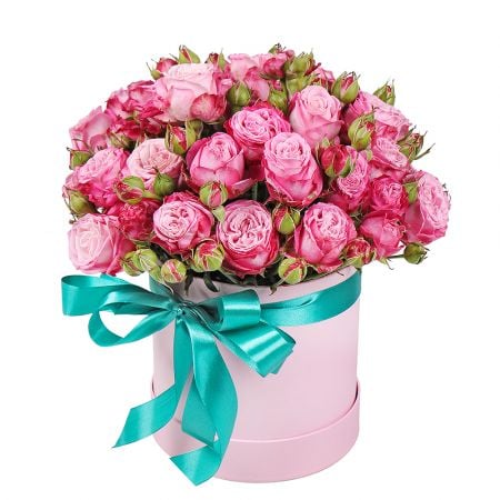 Розовые кустовые розы в коробке Хартфорд
