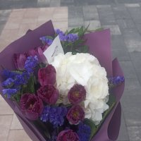 Голубая гортензия и тюльпаны - Стра